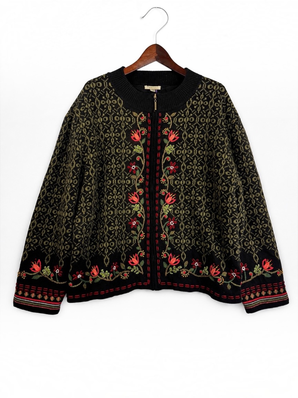 Carson NWT 3X Embroidered Floral Lined Full Zip Sweater Jacket Olive Black